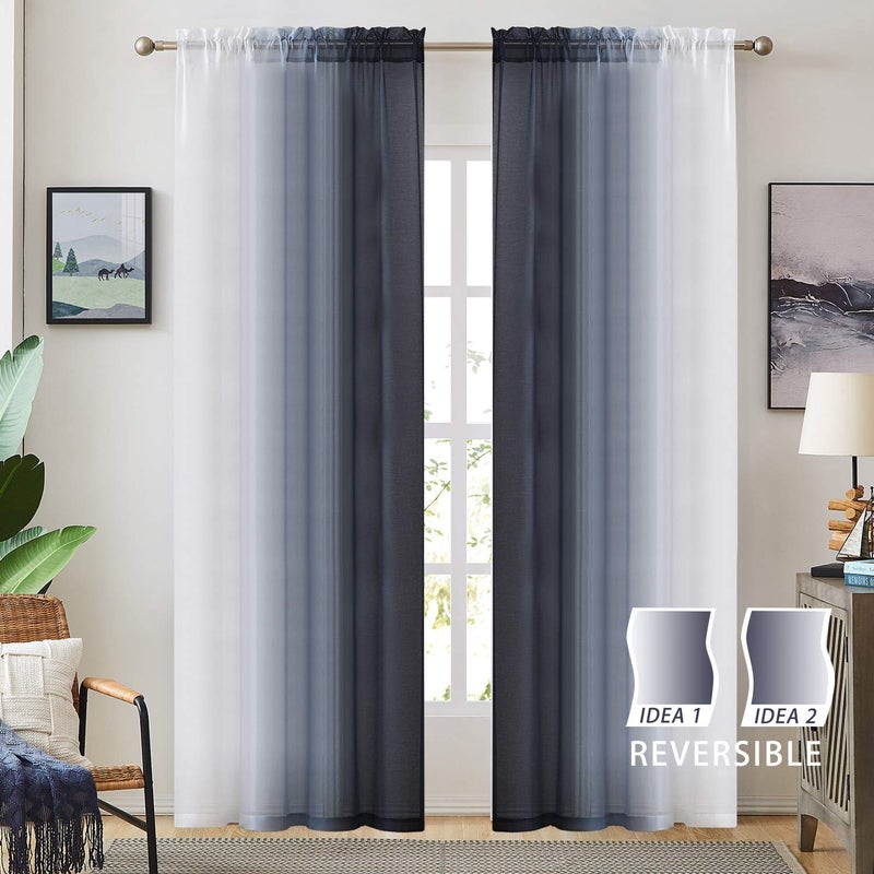 July Joy Dark Grey Ombre Faux Linen Sheer Curtains for Bedroom Living Room Rod Pocket, 2 Tone Reversible Gradient Voile Semi Window Curtains,Privacy and Light Filtering, Set of 2 Panels, 54 x 72 Inch Length - Image 2